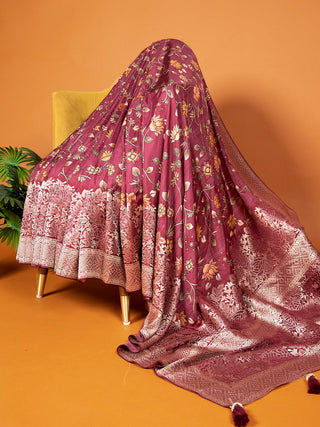 Maroon Viscose Kalamkari Saree with Zari Weaving & Tassels ClothsVilla