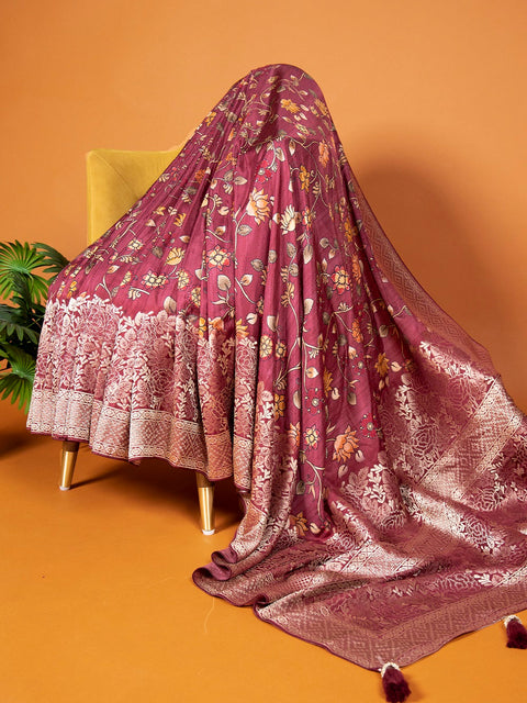 Maroon Viscose Kalamkari Saree with Zari Weaving & Tassels ClothsVilla Main image