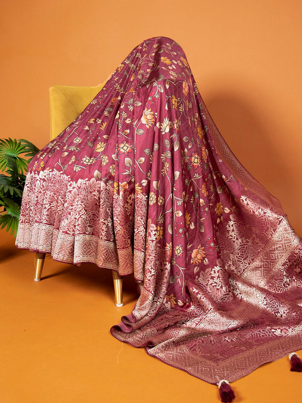 Maroon Viscose Kalamkari Saree with Zari Weaving & Tassels ClothsVilla