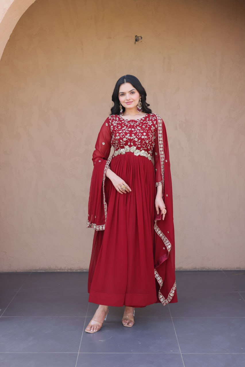 Maroon Wedding Wear Embroidered Gown ClothsVilla