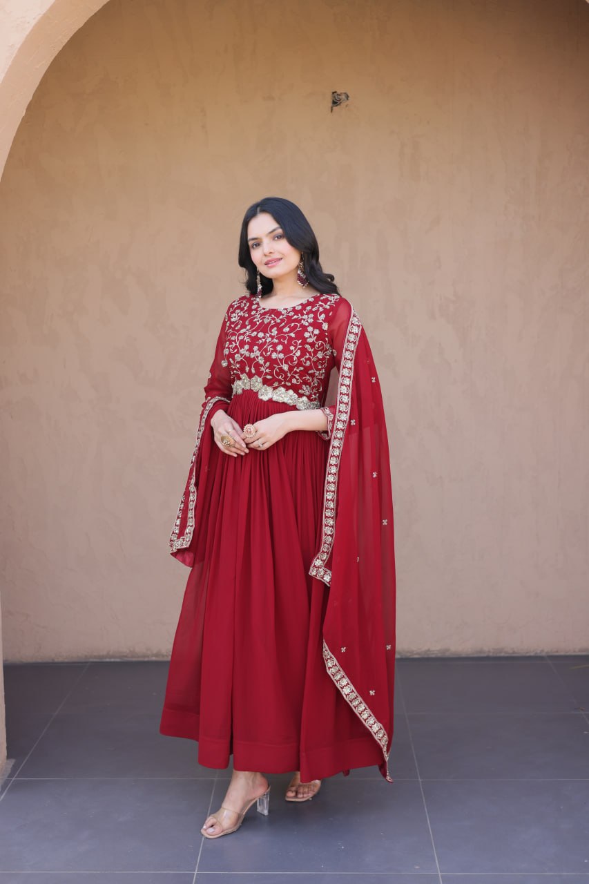 Maroon Wedding Wear Embroidered Gown ClothsVilla