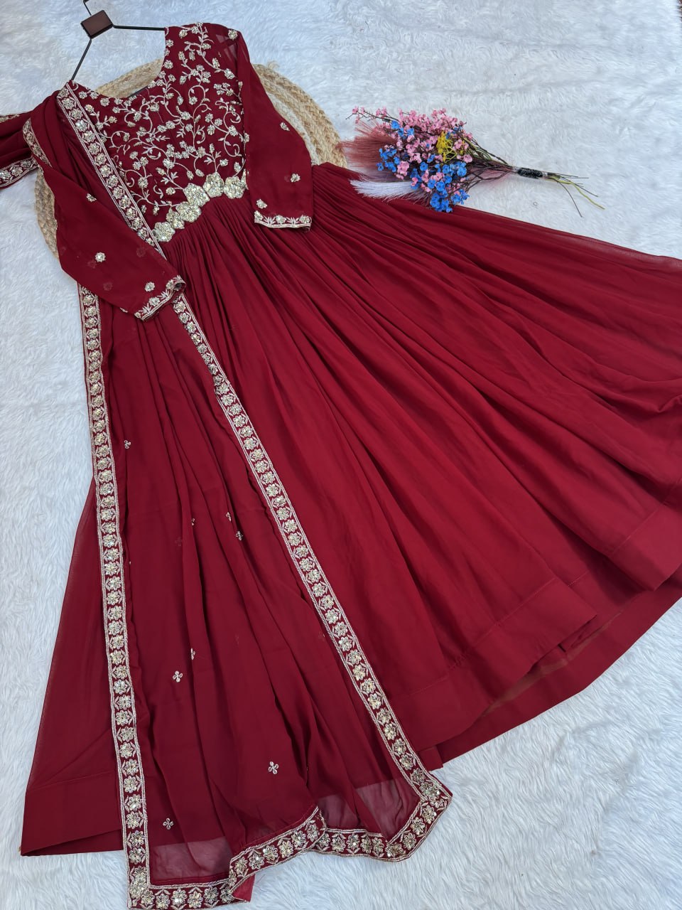 Maroon Wedding Wear Embroidered Gown ClothsVilla