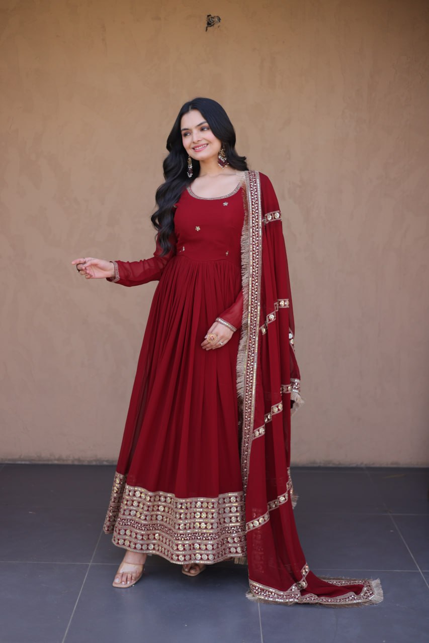 Maroon Zari Sequins Anarkali Gown Set ClothsVilla