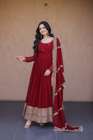 Maroon Zari Sequins Anarkali Gown Set ClothsVilla
