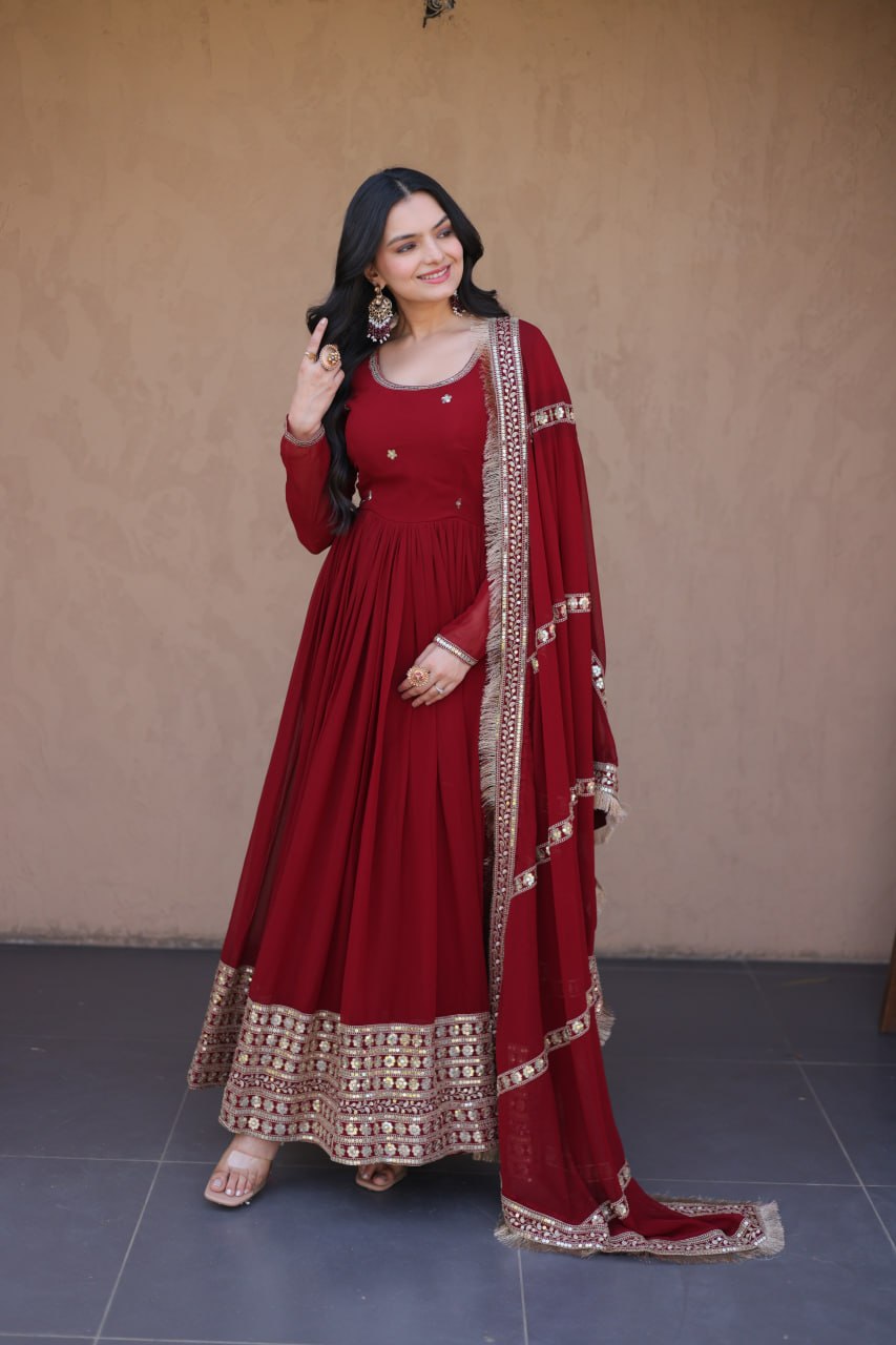 Maroon Zari Sequins Anarkali Gown Set ClothsVilla