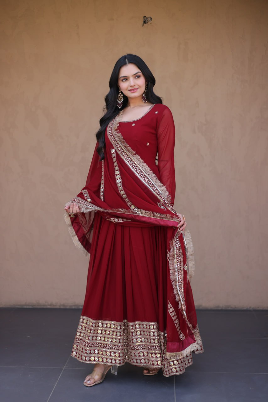 Maroon Zari Sequins Anarkali Gown Set ClothsVilla