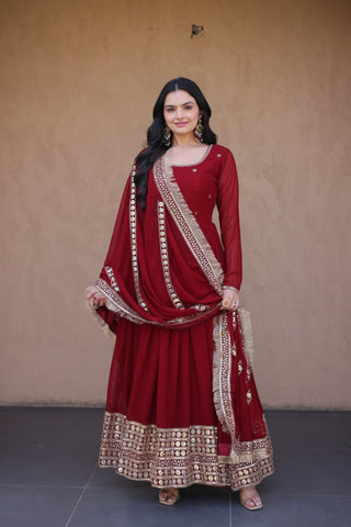 Maroon Zari Sequins Anarkali Gown Set ClothsVilla
