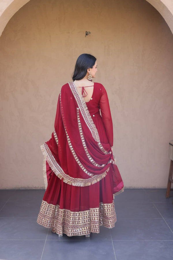 Maroon Zari Sequins Anarkali Gown Set ClothsVilla