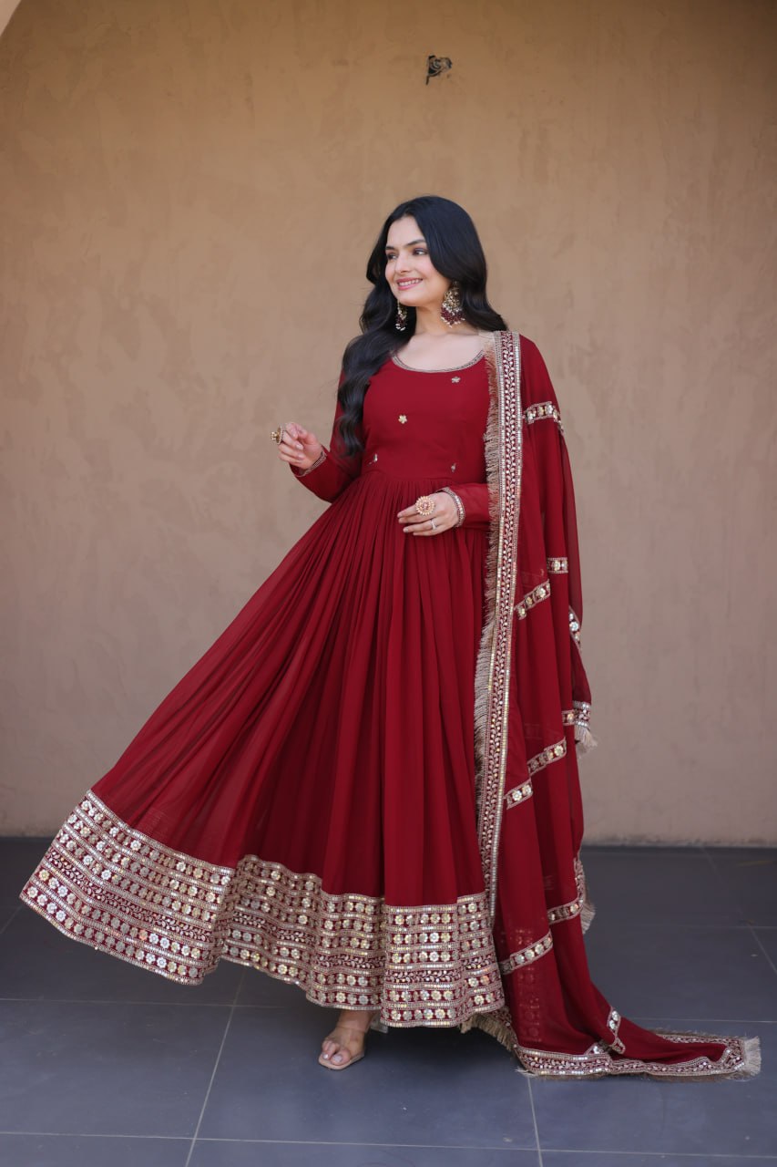 Maroon Zari Sequins Anarkali Gown Set ClothsVilla