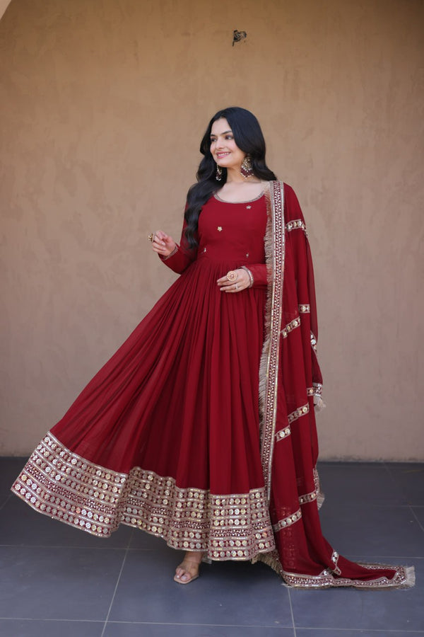 Maroon Zari Sequins Anarkali Gown Set ClothsVilla