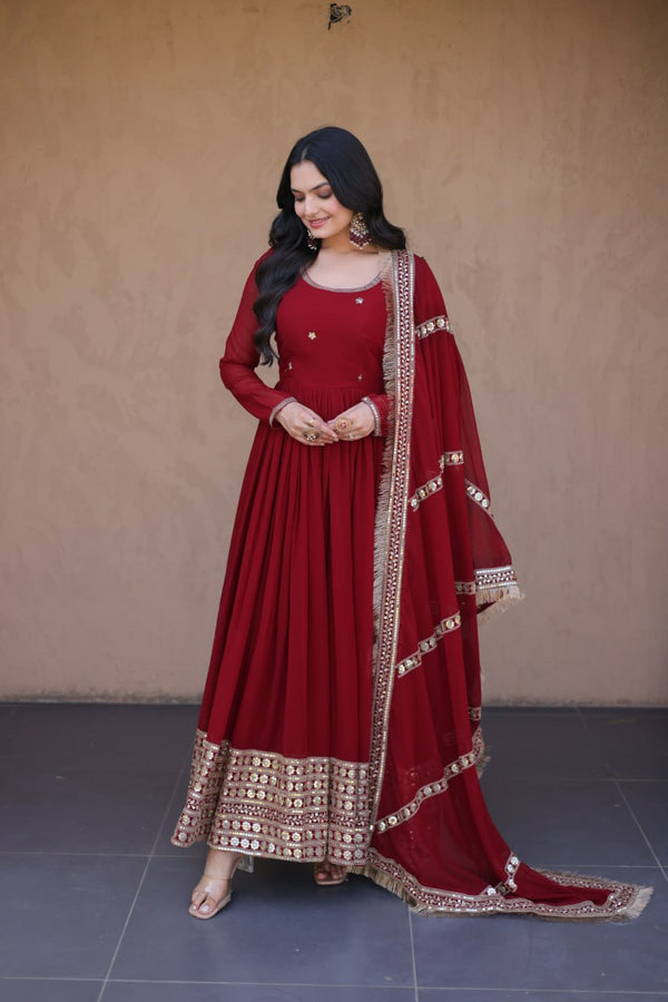 Maroon Zari Sequins Anarkali Gown Set ClothsVilla