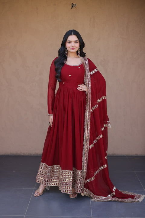 Maroon Zari Sequins Anarkali Gown Set ClothsVilla Main image