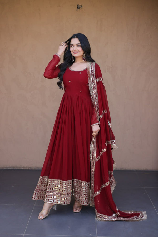 Maroon Zari Sequins Anarkali Gown Set ClothsVilla