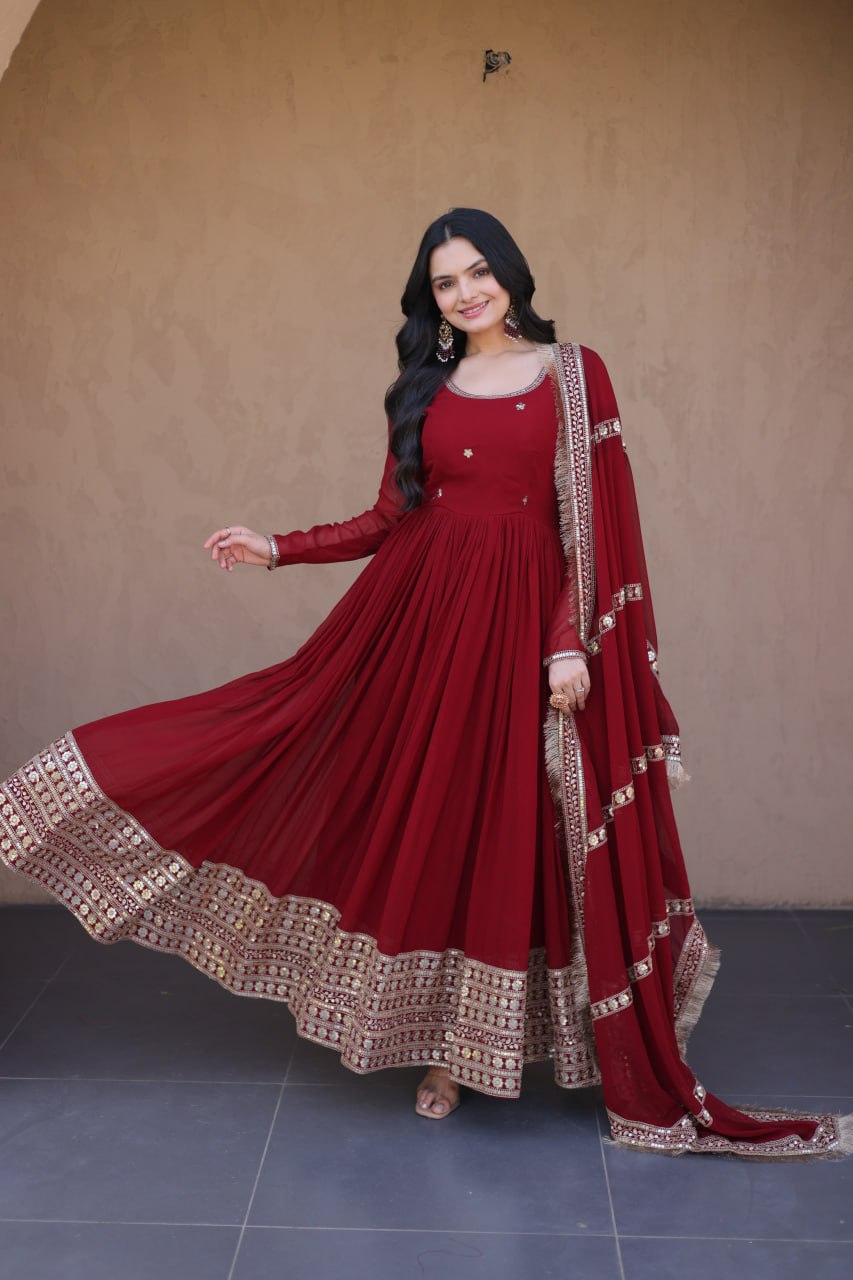Maroon Zari Sequins Anarkali Gown Set ClothsVilla