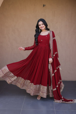 Maroon Zari Sequins Anarkali Gown Set ClothsVilla