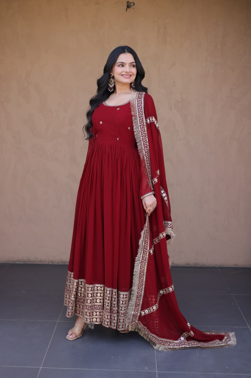 Maroon Zari Sequins Anarkali Gown Set ClothsVilla