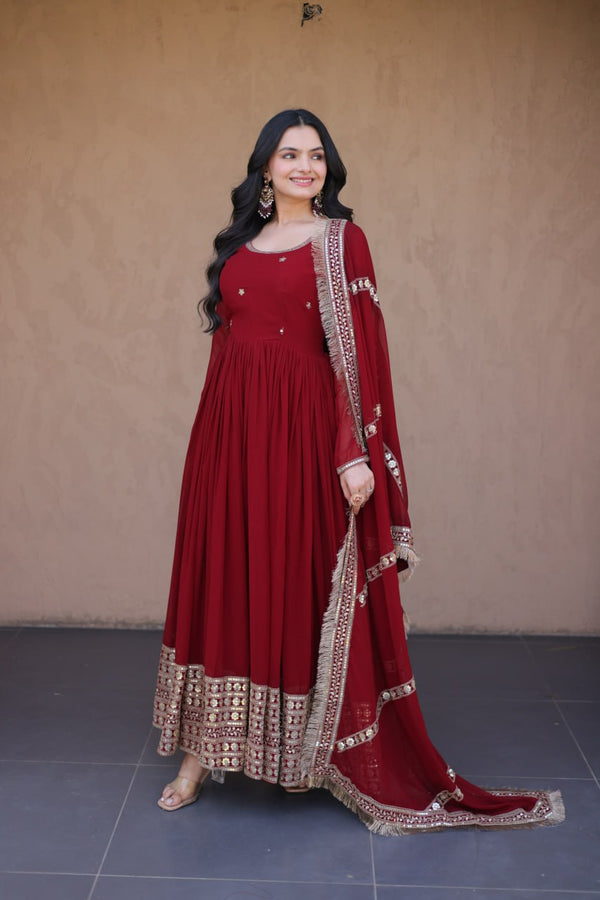 Maroon Zari Sequins Anarkali Gown Set ClothsVilla