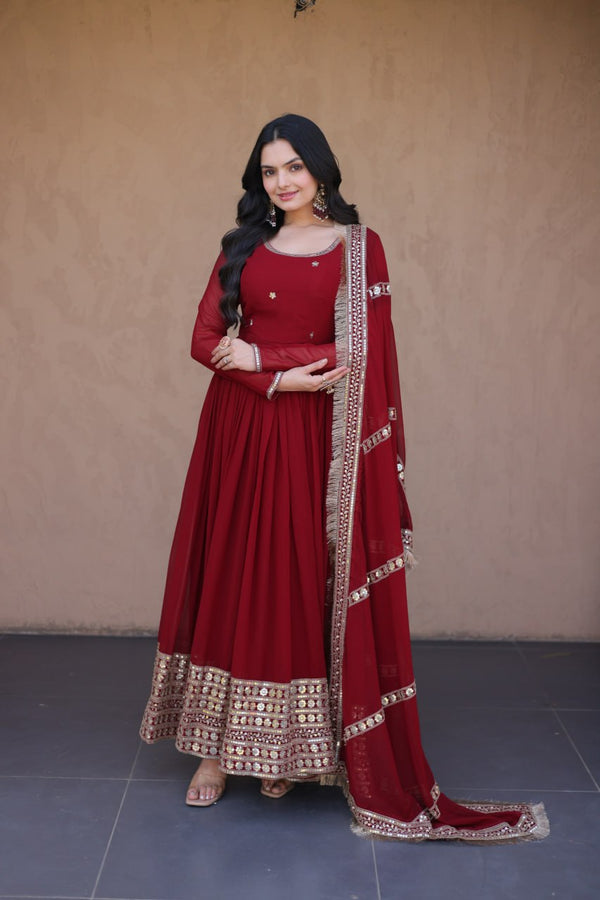 Maroon Zari Sequins Anarkali Gown Set ClothsVilla