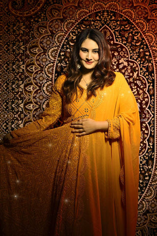 Masterd Yellow Premium Readymade Anarkali Suit Set –Faux Blooming with Heavy Sequins & Thread Embroidery ClothsVilla