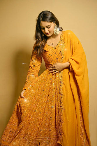 Masterd Yellow Premium Readymade Anarkali Suit Set –Faux Blooming with Heavy Sequins & Thread Embroidery ClothsVilla