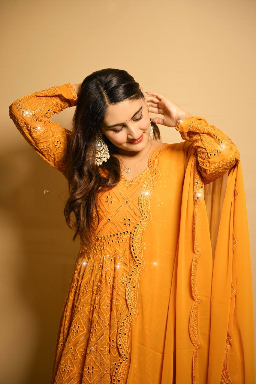 Masterd Yellow Premium Readymade Anarkali Suit Set –Faux Blooming with Heavy Sequins & Thread Embroidery ClothsVilla