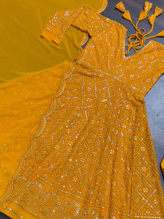 Masterd Yellow Premium Readymade Anarkali Suit Set –Faux Blooming with Heavy Sequins & Thread Embroidery ClothsVilla