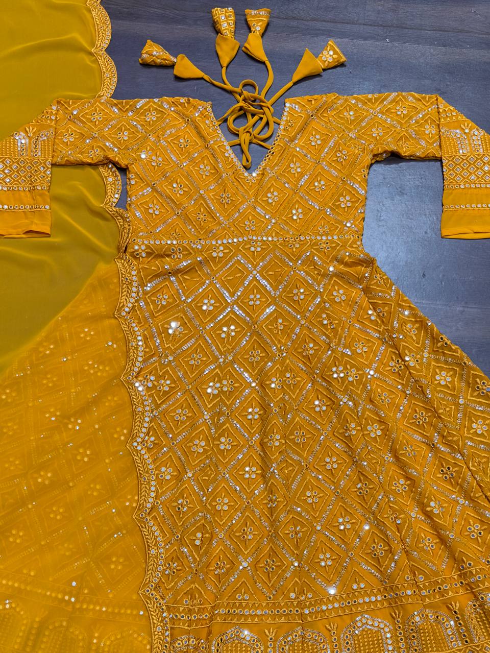 Masterd Yellow Premium Readymade Anarkali Suit Set –Faux Blooming with Heavy Sequins & Thread Embroidery ClothsVilla