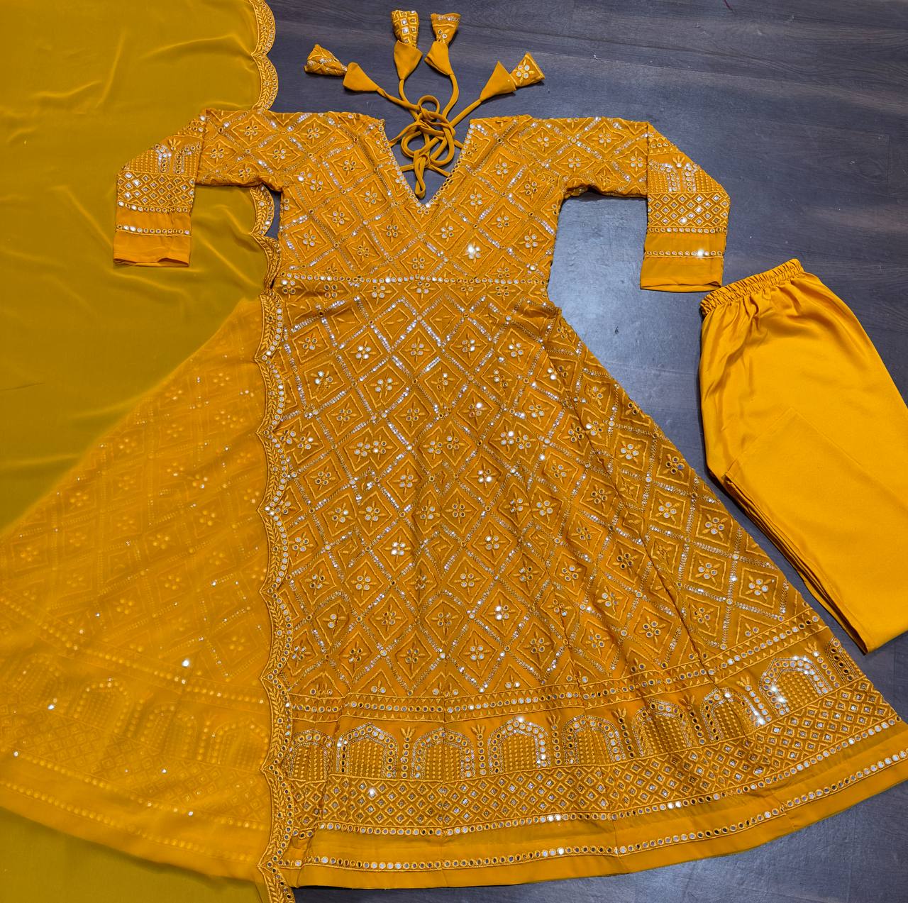 Masterd Yellow Premium Readymade Anarkali Suit Set –Faux Blooming with Heavy Sequins & Thread Embroidery ClothsVilla