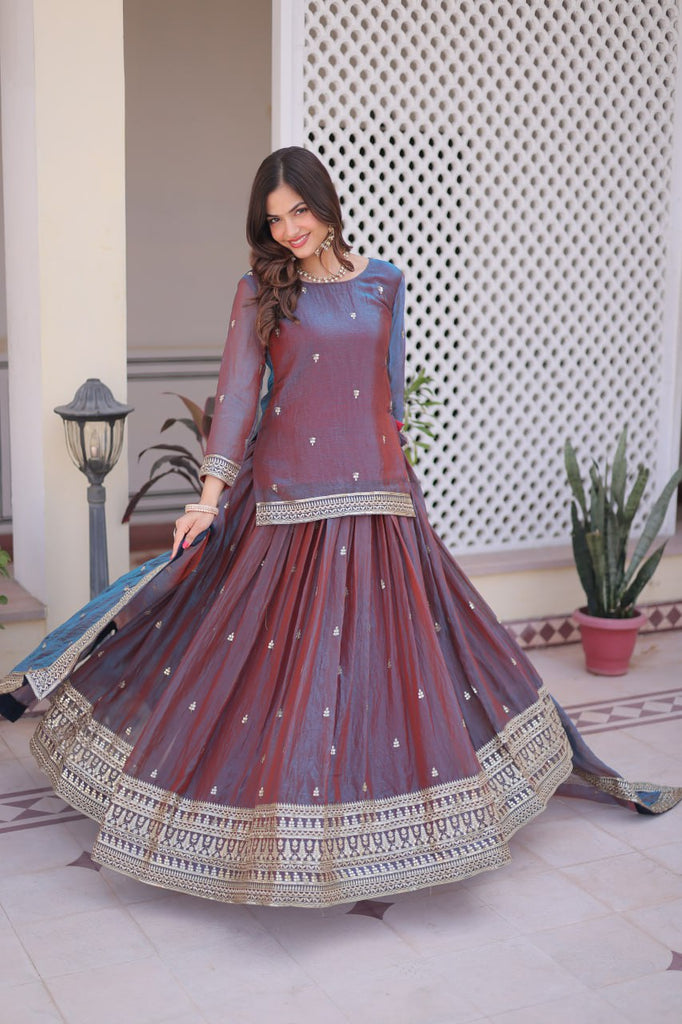 Mauve Chiffon Embroidered Top Lehenga Set Clothsvilla