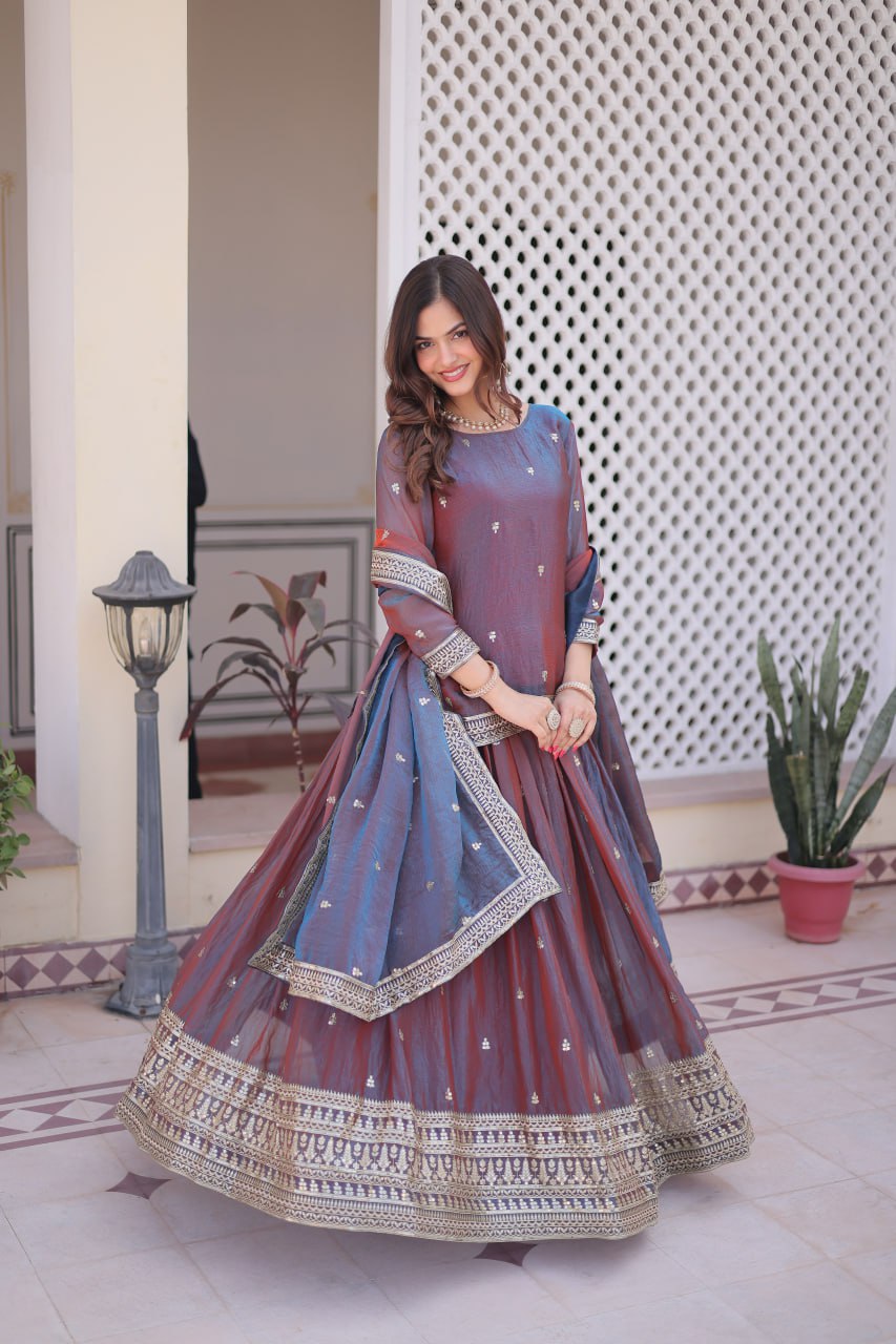 Mauve Chiffon Embroidered Top Lehenga Set Clothsvilla