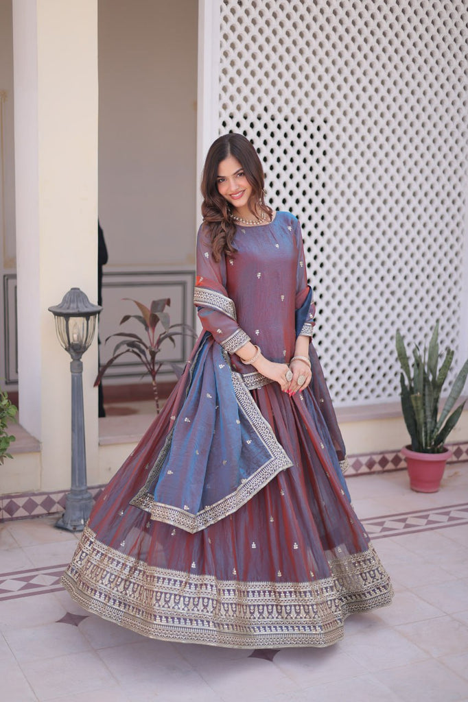 Mauve Chiffon Embroidered Top Lehenga Set Clothsvilla