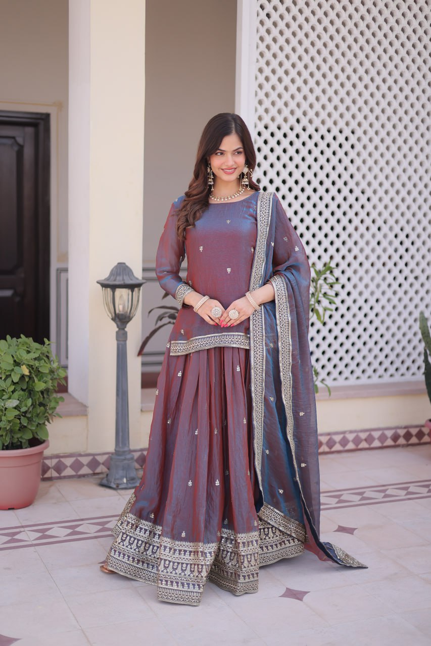 Mauve Chiffon Embroidered Top Lehenga Set Clothsvilla