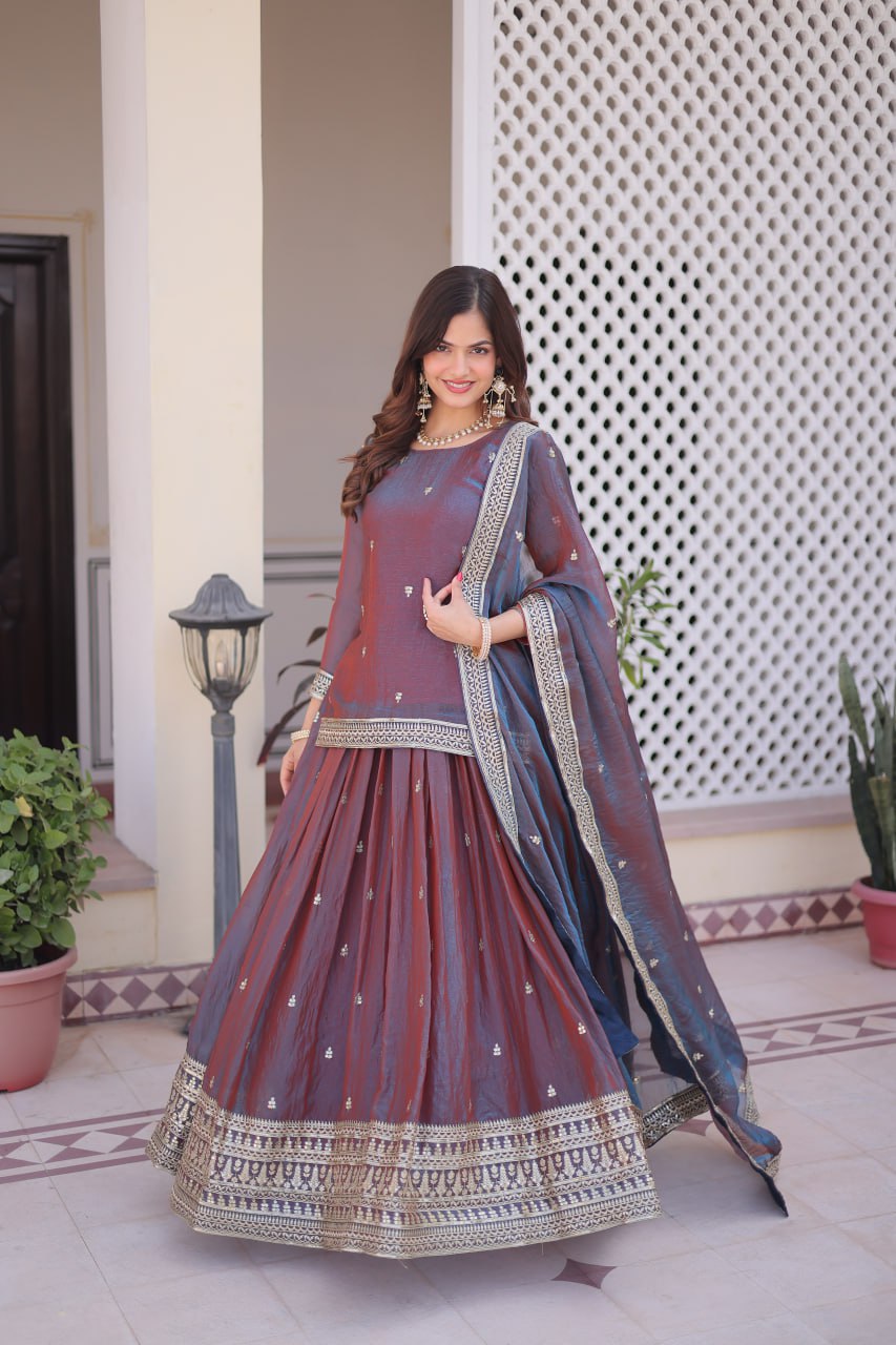 Mauve Chiffon Embroidered Top Lehenga Set Clothsvilla