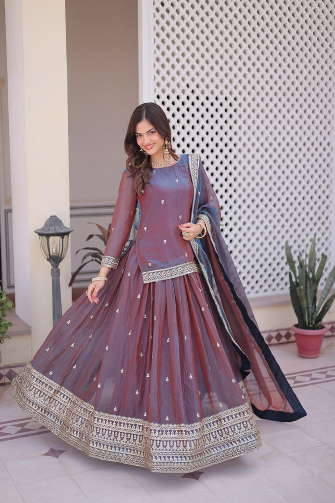 Mauve Chiffon Embroidered Top Lehenga Set Clothsvilla