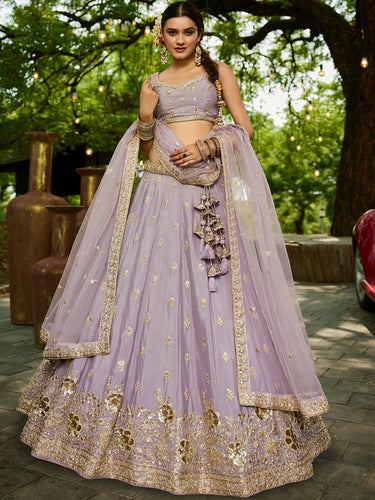 Mauve Chiffon Semi-Stitched Lehenga Choli Set with Heavy Sequin & Embroidery ClothsVilla