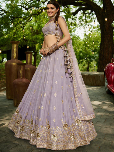 Mauve Chiffon Semi-Stitched Lehenga Choli Set with Heavy Sequin & Embroidery ClothsVilla