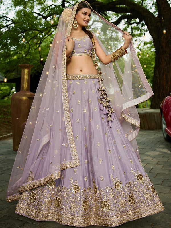 Mauve Chiffon Semi-Stitched Lehenga Choli Set with Heavy Sequin & Embroidery ClothsVilla