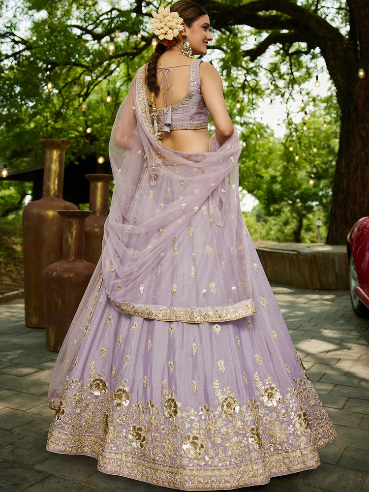 Mauve Chiffon Semi-Stitched Lehenga Choli Set with Heavy Sequin & Embroidery ClothsVilla