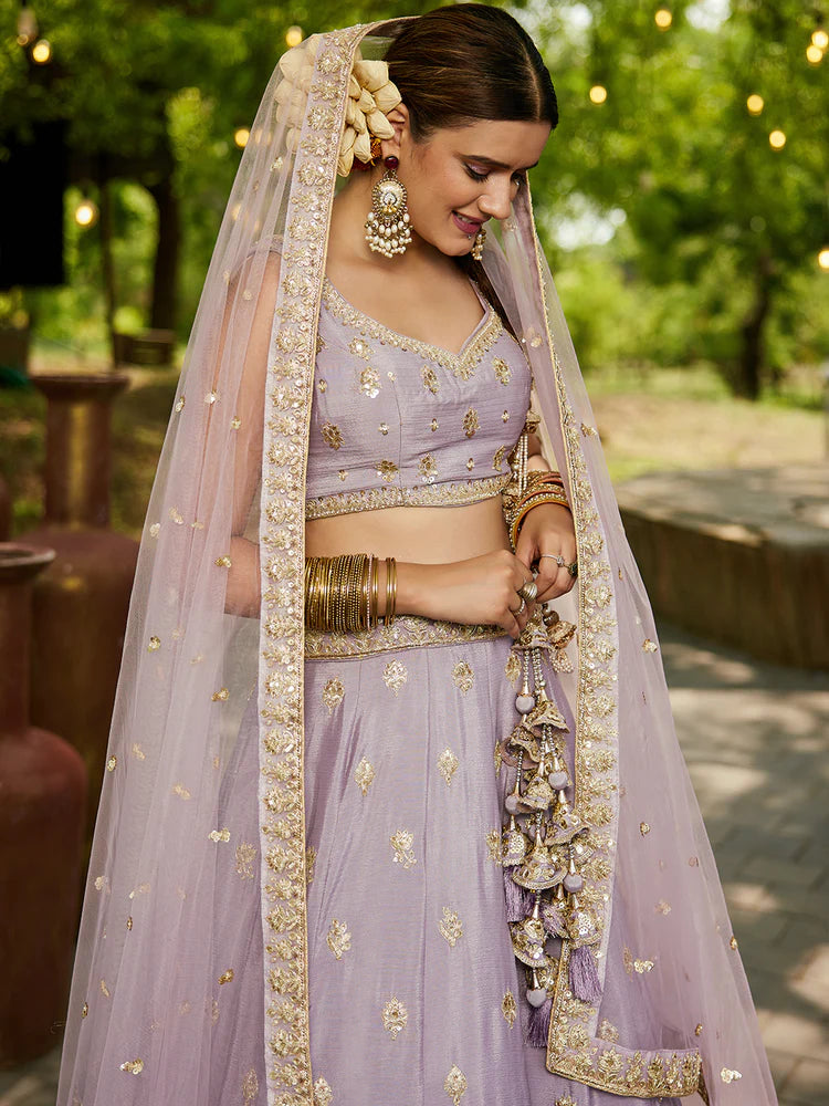 Mauve Chiffon Semi-Stitched Lehenga Choli Set with Heavy Sequin & Embroidery ClothsVilla