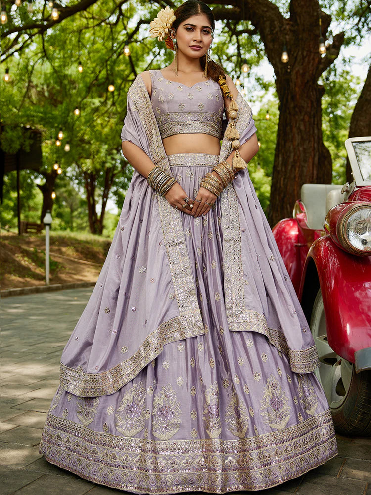 Mauve Chinnon Semi-Stitched Lehenga Choli Set with Heavy Sequins & Embroidered Dupatta ClothsVilla
