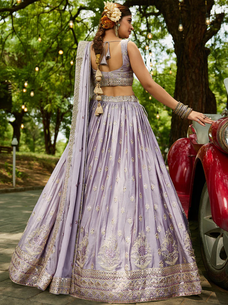 Mauve Chinnon Semi-Stitched Lehenga Choli Set with Heavy Sequins & Embroidered Dupatta ClothsVilla