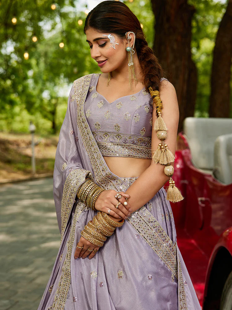 Mauve Chinnon Semi-Stitched Lehenga Choli Set with Heavy Sequins & Embroidered Dupatta ClothsVilla