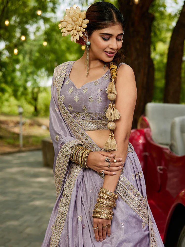 Mauve Chinnon Semi-Stitched Lehenga Choli Set with Heavy Sequins & Embroidered Dupatta ClothsVilla