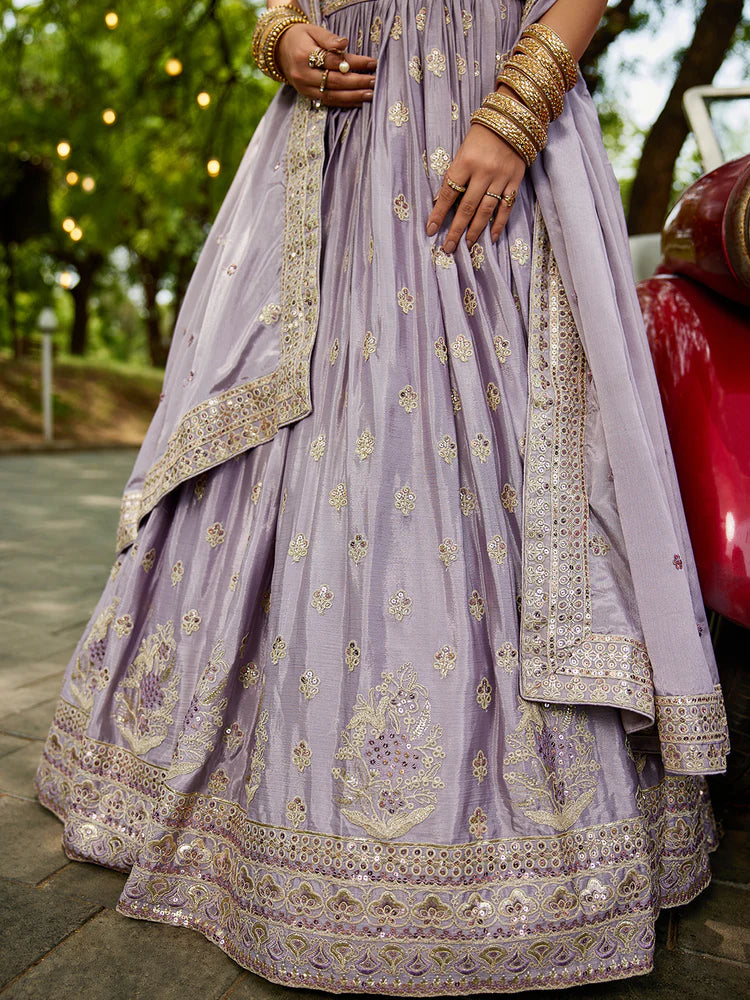 Mauve Chinnon Semi-Stitched Lehenga Choli Set with Heavy Sequins & Embroidered Dupatta ClothsVilla
