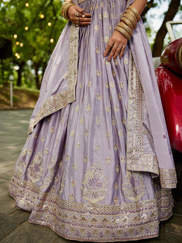 Mauve Chinnon Semi-Stitched Lehenga Choli Set with Heavy Sequins & Embroidered Dupatta ClothsVilla