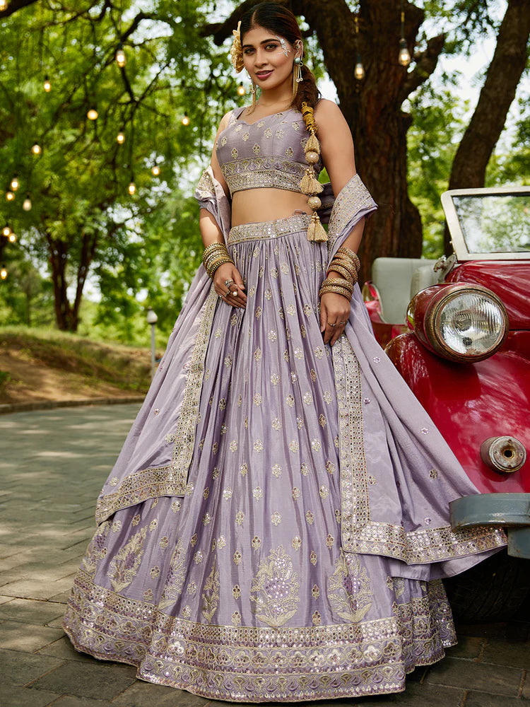 Mauve Chinnon Semi-Stitched Lehenga Choli Set with Heavy Sequins & Embroidered Dupatta ClothsVilla