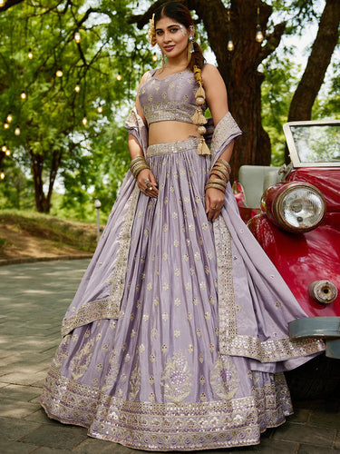 Mauve Chinnon Semi-Stitched Lehenga Choli Set with Heavy Sequins & Embroidered Dupatta ClothsVilla
