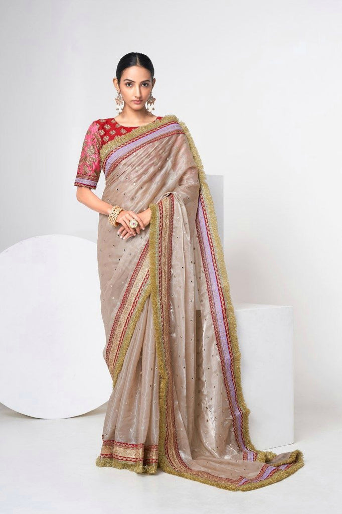 Mauve Designer Jimmy Choo Saree with Heavy Zari, Dori & Multi-Size Sequins Work | Bangalori Silk Blouse ClothsVilla
