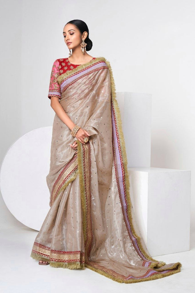Mauve Designer Jimmy Choo Saree with Heavy Zari, Dori & Multi-Size Sequins Work | Bangalori Silk Blouse ClothsVilla