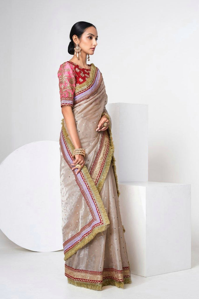 Mauve Designer Jimmy Choo Saree with Heavy Zari, Dori & Multi-Size Sequins Work | Bangalori Silk Blouse ClothsVilla